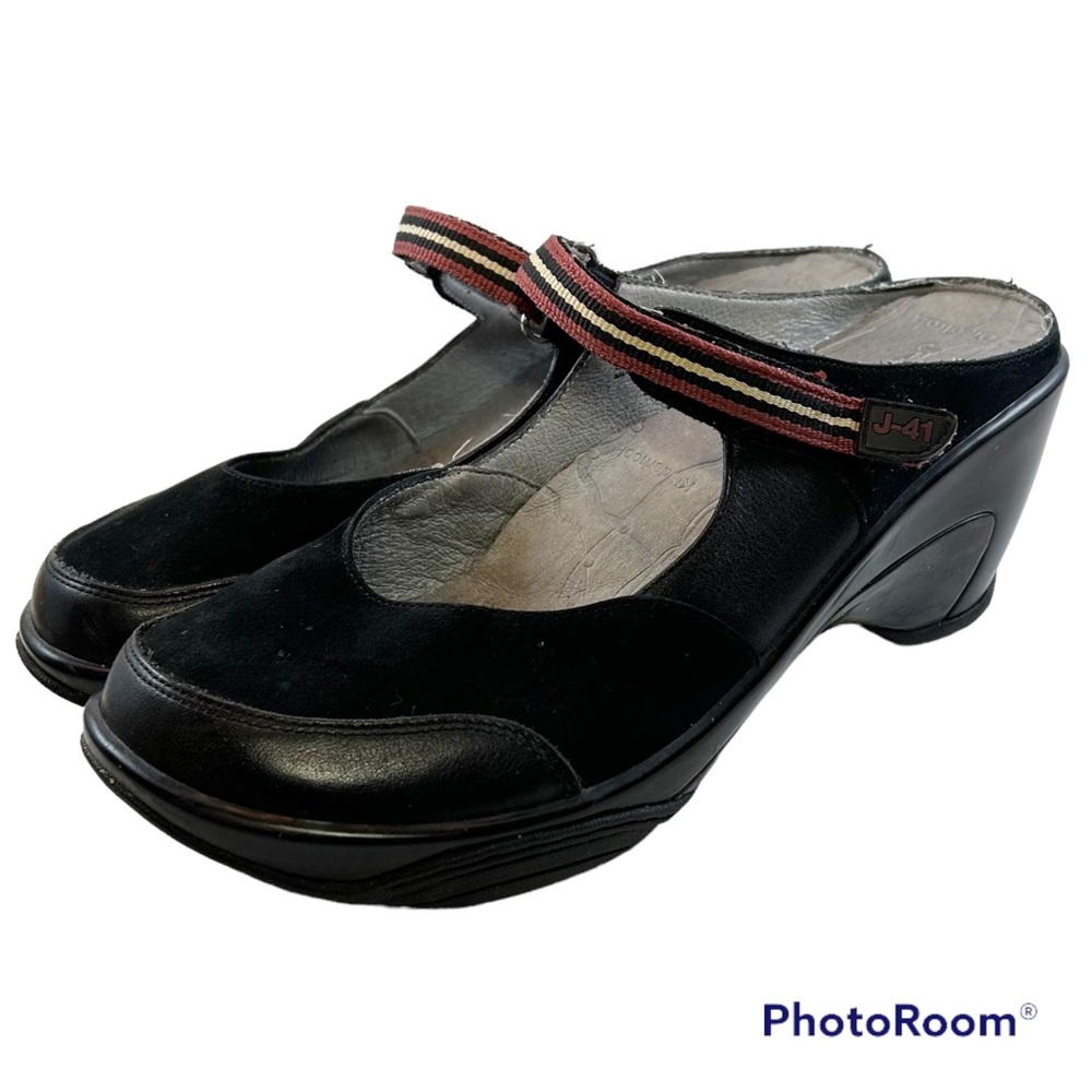 J-41 AdventureOn by Jambu - Black Suede Hook & Loop Mary Jane Strap Mulers - 8.5